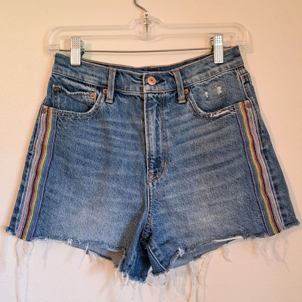 American Eagle Blue Denim Shorts Women's Size 4 High Rise Boyfriend Rainbow